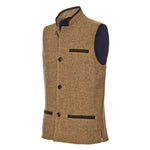 Men's Shetland Wool Darzi gilet in camel brown - side view