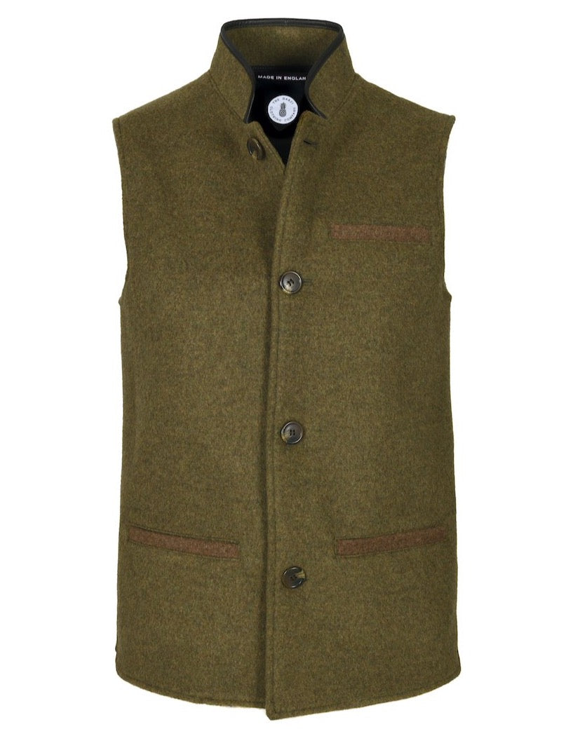 Mens Moss Green merino wool Darzi gilet from front