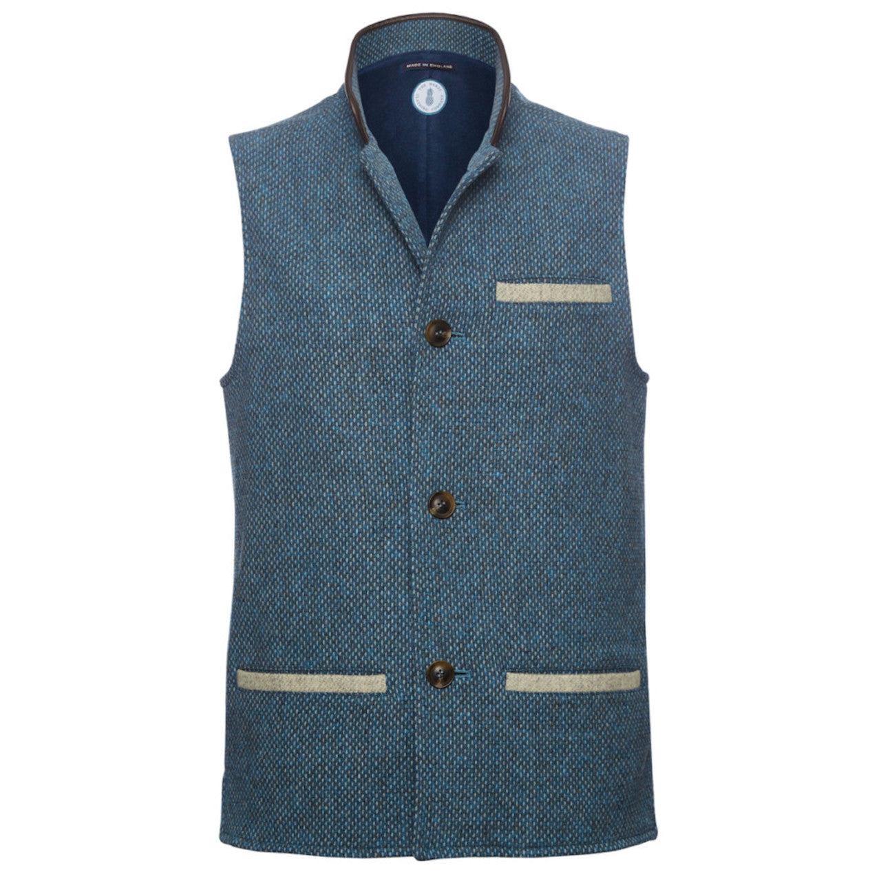 Men's Tweed Wool Darzi Gilet in Ocean Blue - Front View