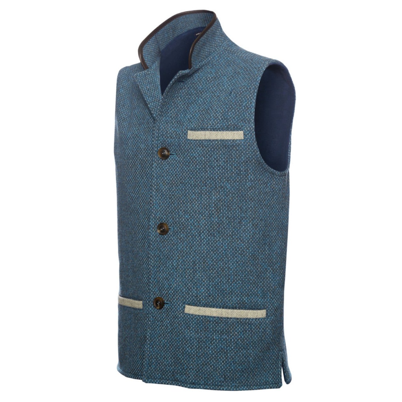 Men's Shetland Wool Darzi Gilet in Ocean Blue - Close Up